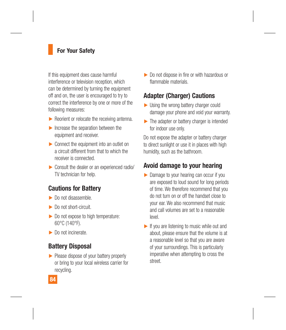 Cautions for battery, Battery disposal, Adapter (charger) cautions | Avoid damage to your hearing | LG GU292 User Manual | Page 88 / 242