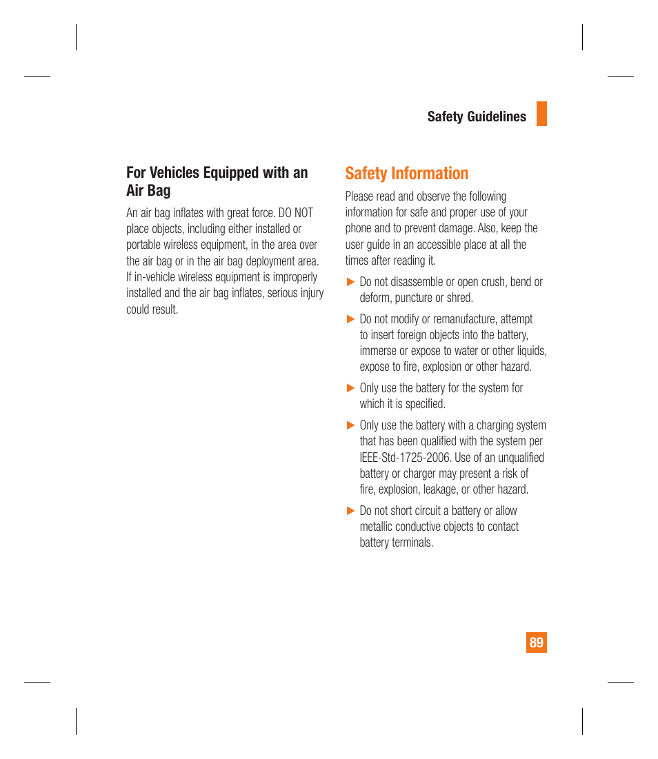 Safety information, For vehicles equipped with an air bag | LG GU292 User Manual | Page 93 / 242