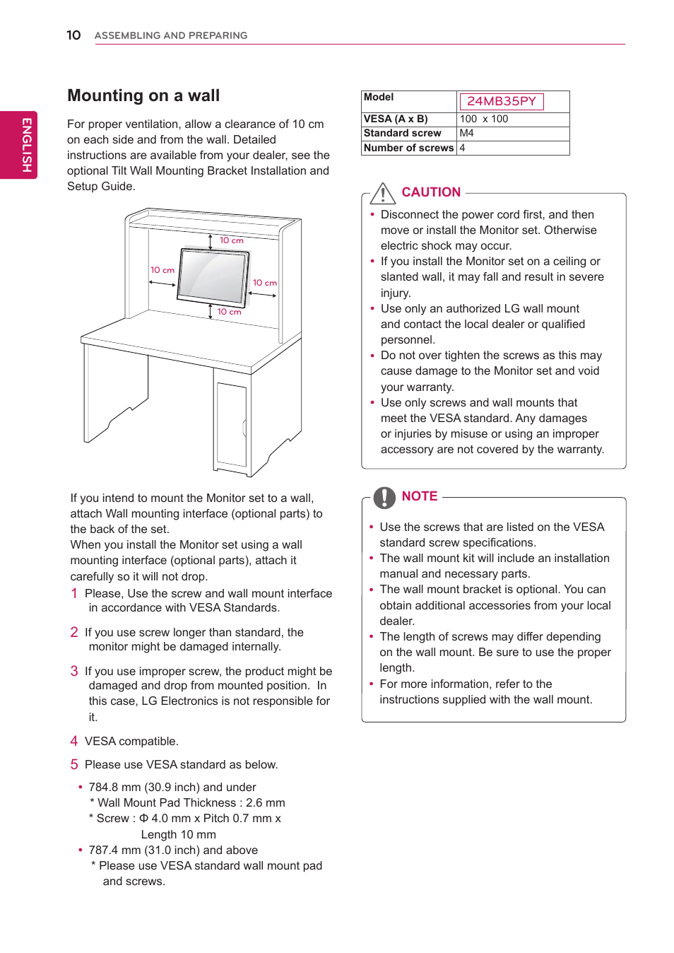 Mounting on a wall | LG 24MB35PY-B User Manual | Page 11 / 28