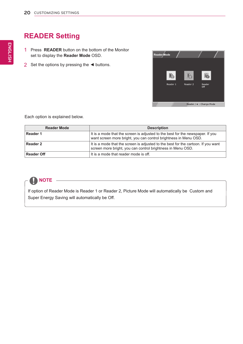 Reader setting, 20 reader setting | LG 24MB35PY-B User Manual | Page 21 / 28