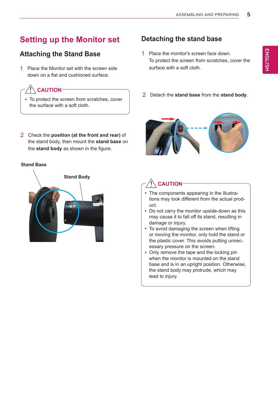 Setting up the monitor set, Attaching the stand base, Detaching the stand base | LG 24MB35PY-B User Manual | Page 6 / 28