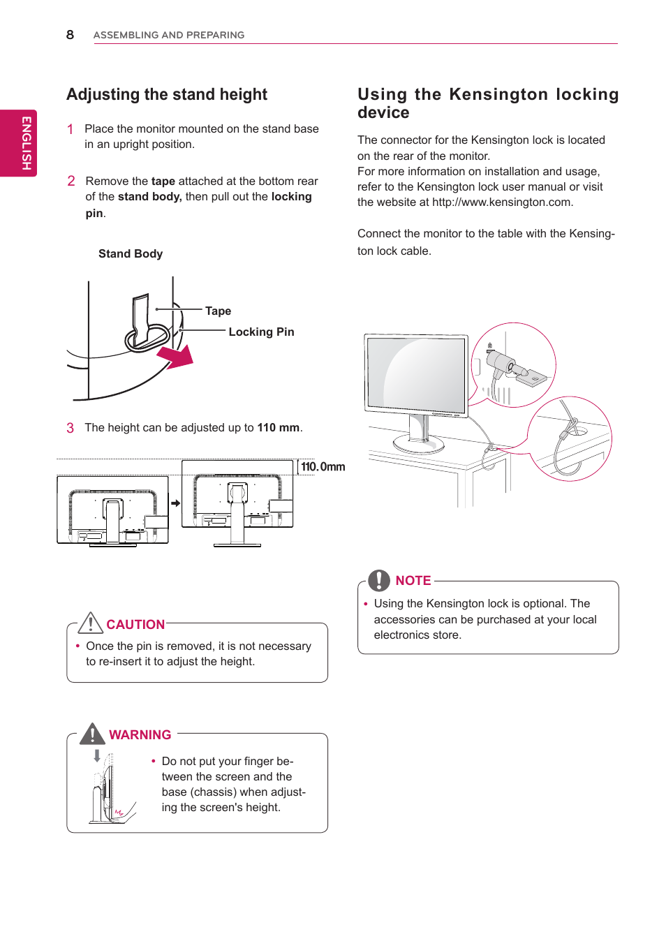 Adjusting the stand height, Using the kensington locking device | LG 24MB35PY-B User Manual | Page 9 / 28