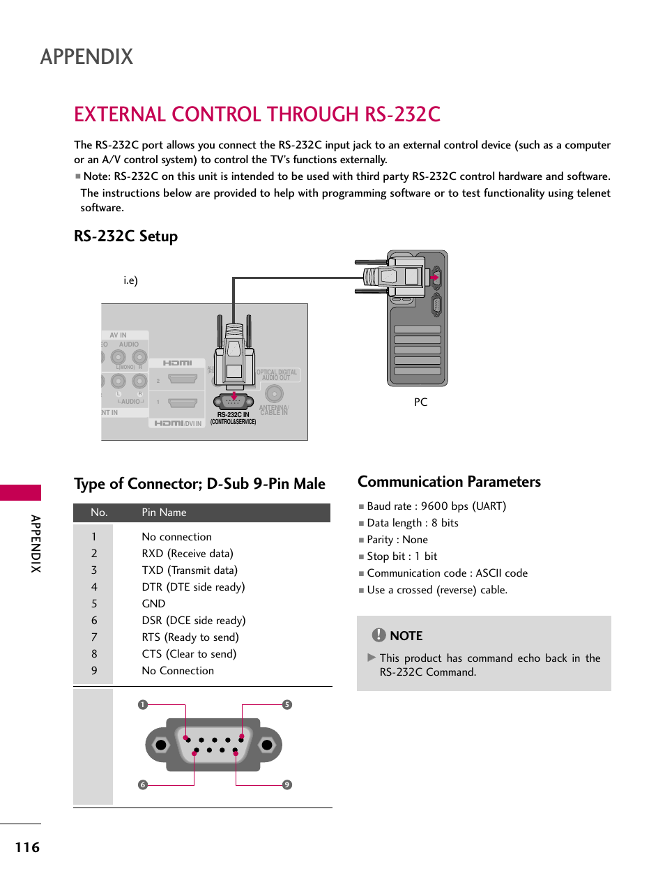 External control through rs-232c, Rs-232c setup, Type of connector; d-sub 9-pin male | Communication parameters, Appendix | LG 47LH30 User Manual | Page 116 / 136