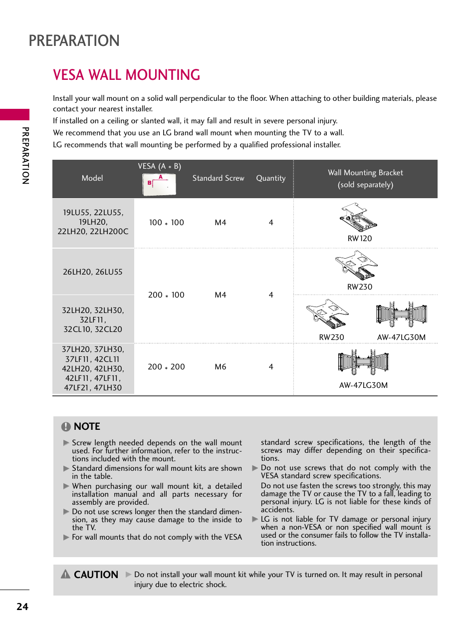 Vesa wall mounting, Preparation, Caution | LG 47LH30 User Manual | Page 24 / 136