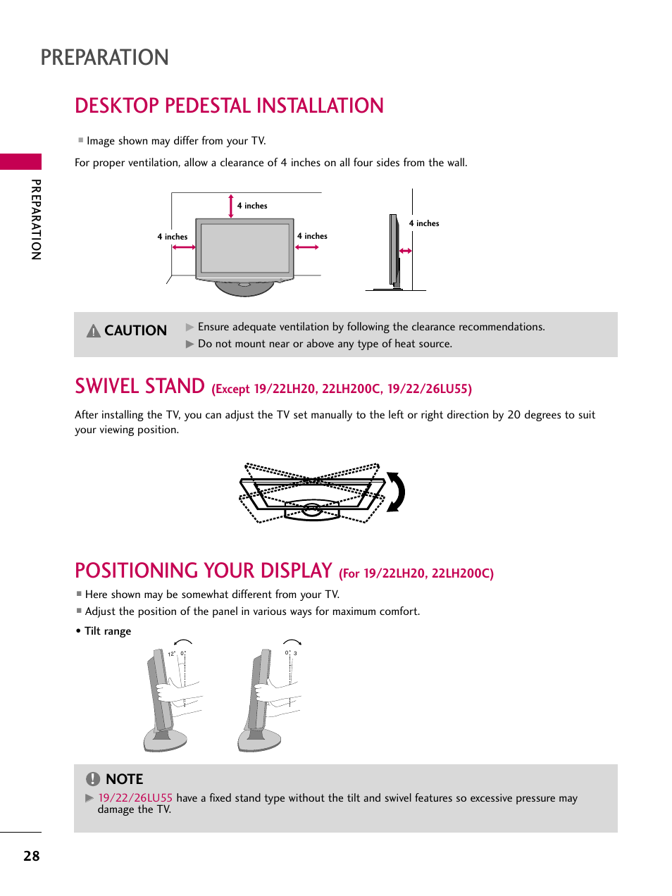 Desktop pedestal installation, Swivel stand, Positioning your display | Preparation, Caution | LG 47LH30 User Manual | Page 28 / 136