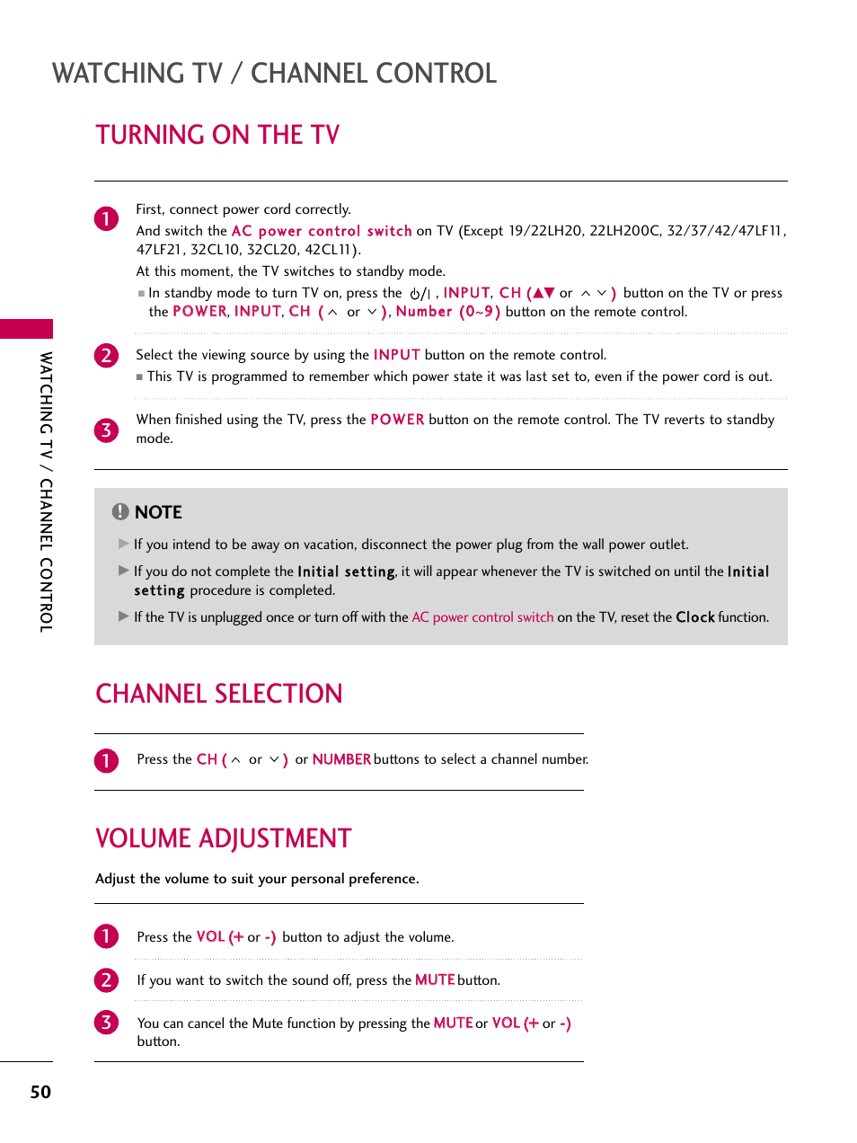 Turning on the tv, Channel selection, Volume adjustment | Watching tv / channel control, Volume adjustment channel selection | LG 47LH30 User Manual | Page 50 / 136