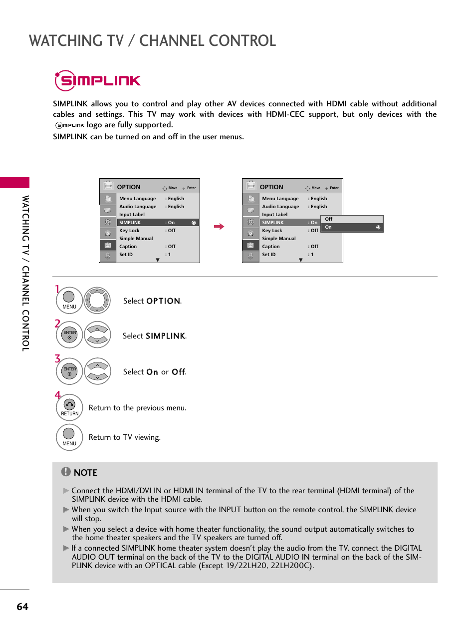 Simplink, Watching tv / channel control, Watching tv / channel contr ol | LG 47LH30 User Manual | Page 64 / 136