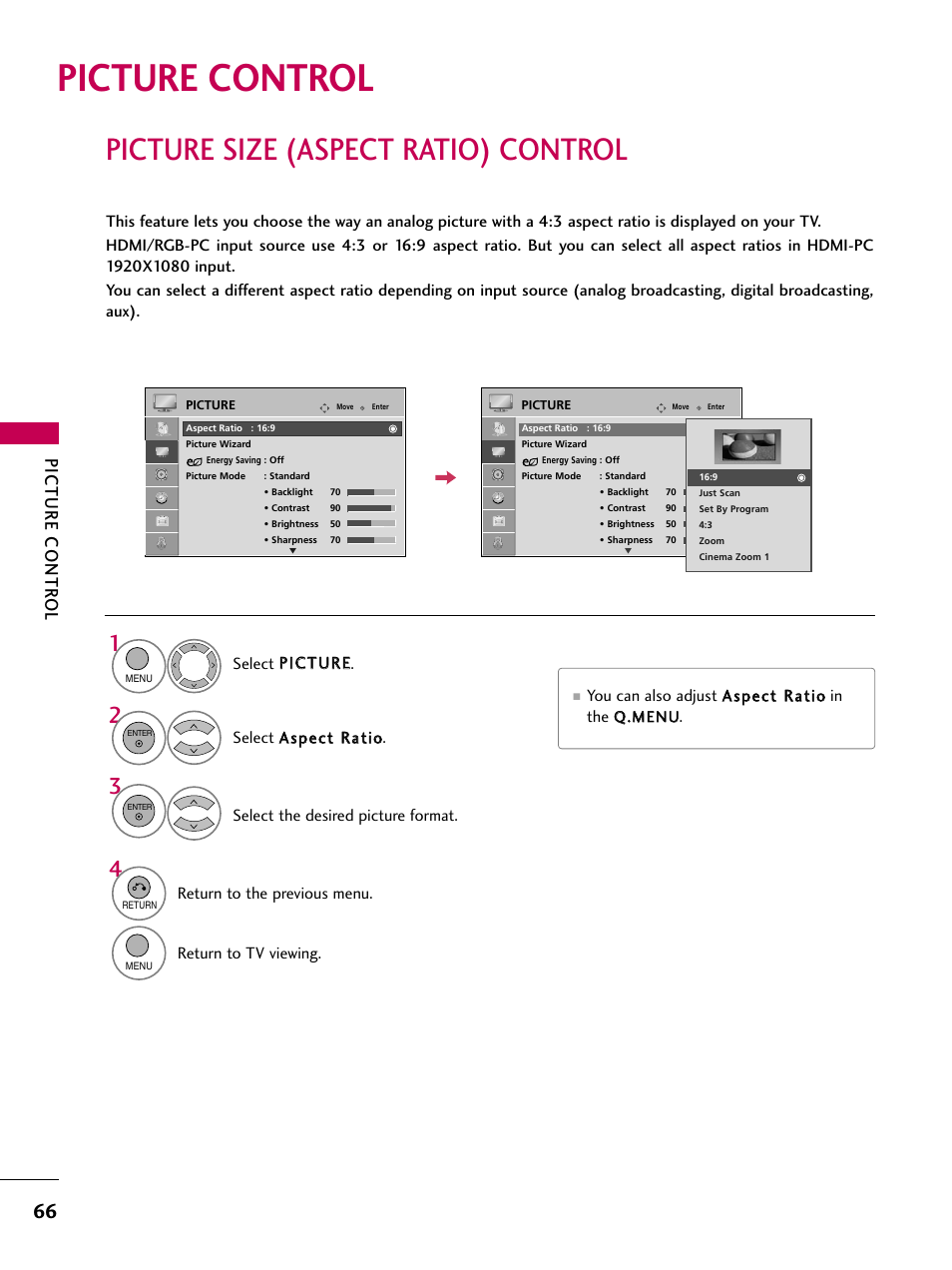 Picture control, Picture size (aspect ratio) control, Picture contr ol | LG 47LH30 User Manual | Page 66 / 136