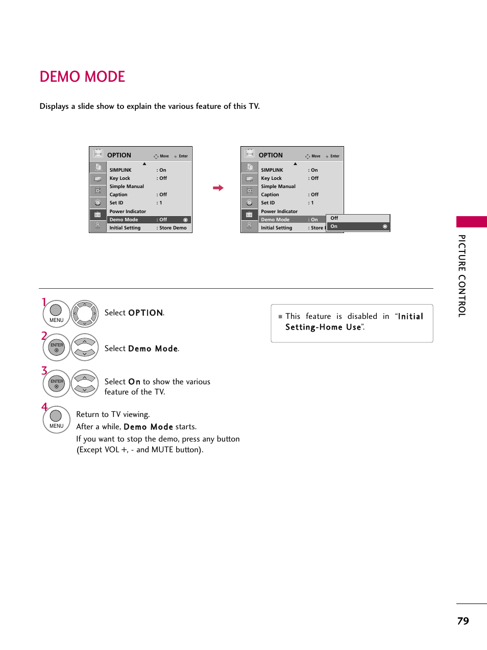 Demo mode, Picture contr ol | LG 47LH30 User Manual | Page 79 / 136