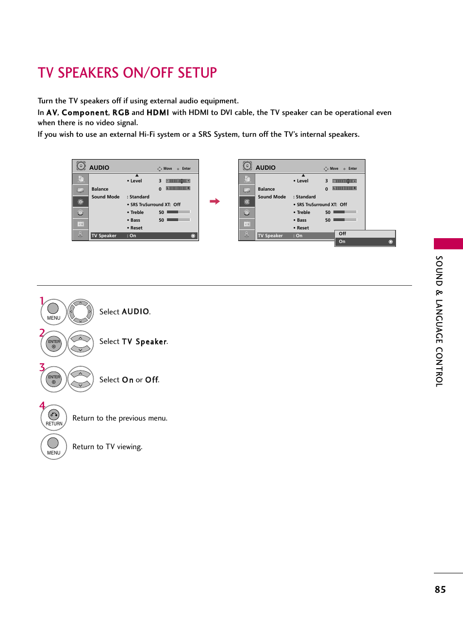 Tv speakers on/off setup, Sound & langu a ge contr ol | LG 47LH30 User Manual | Page 85 / 136