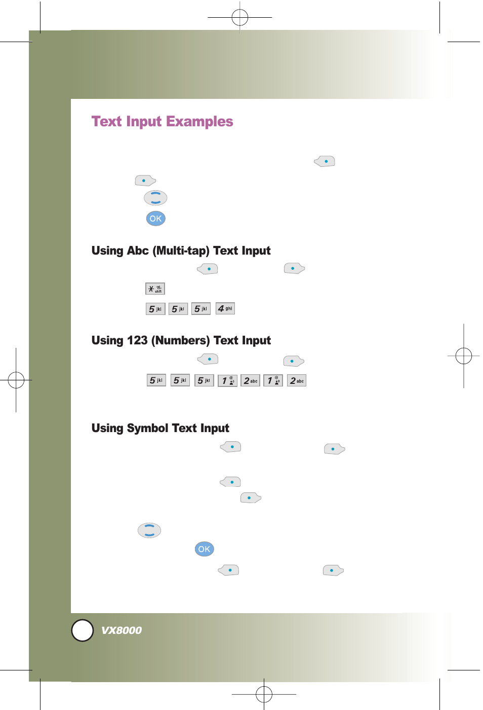 Entering and editing infor, Entering and editing infor mation mation, Text input examples | LG VX8000 User Manual | Page 27 / 131