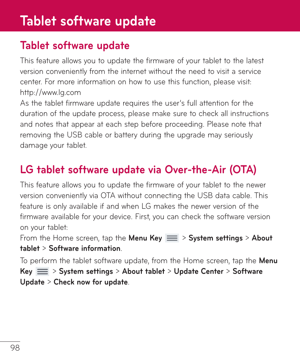 Tablet software update, Lg tablet software update via over-the-air (ota), Over-the-air (ota) | LG LGV500 User Manual | Page 100 / 138