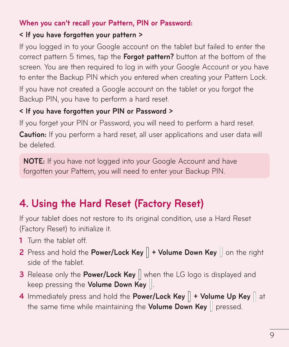 Using the hard reset (factory reset) | LG LGV500 User Manual | Page 11 / 138