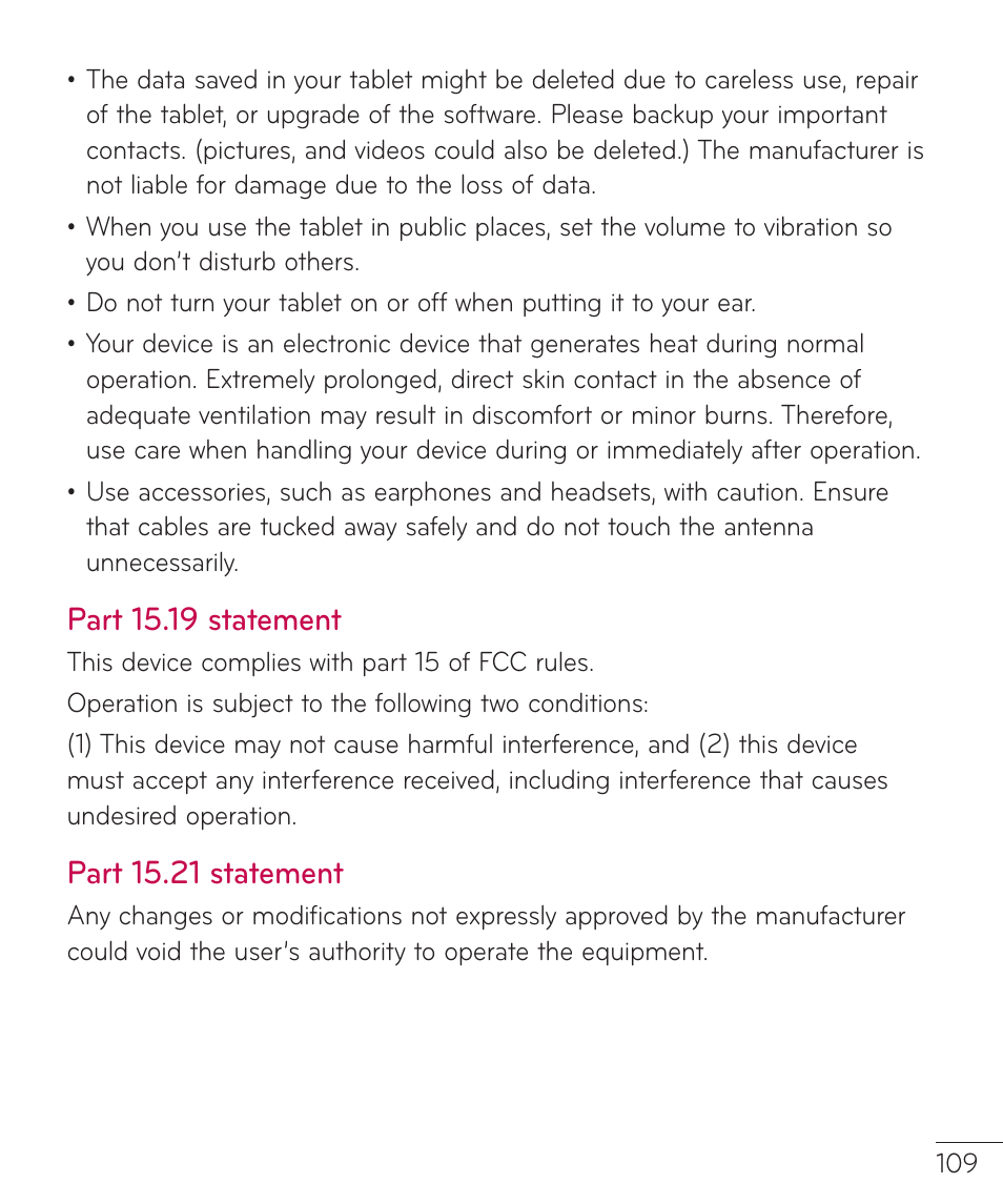 Part 15.19 statement, Part 15.21 statement | LG LGV500 User Manual | Page 111 / 138