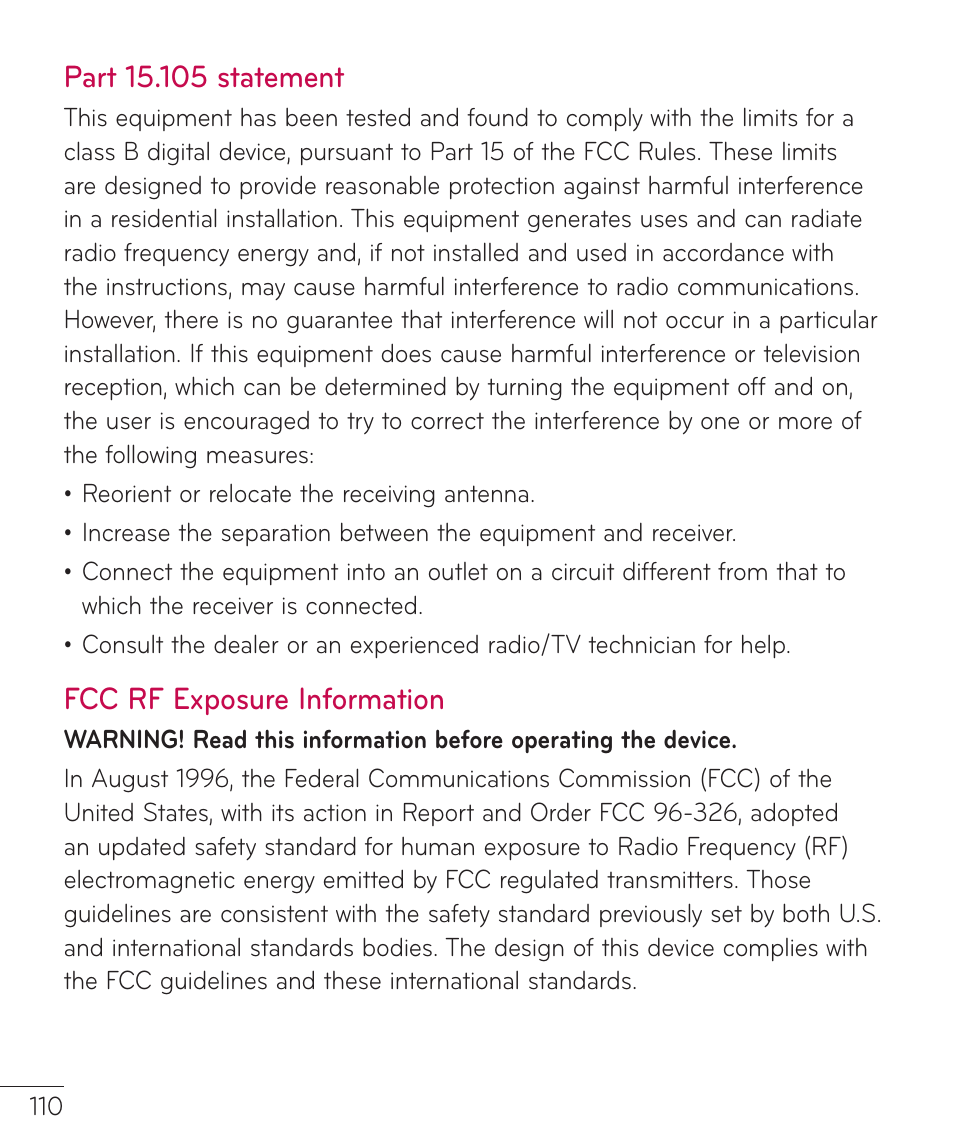 Fcc rf exposure information | LG LGV500 User Manual | Page 112 / 138