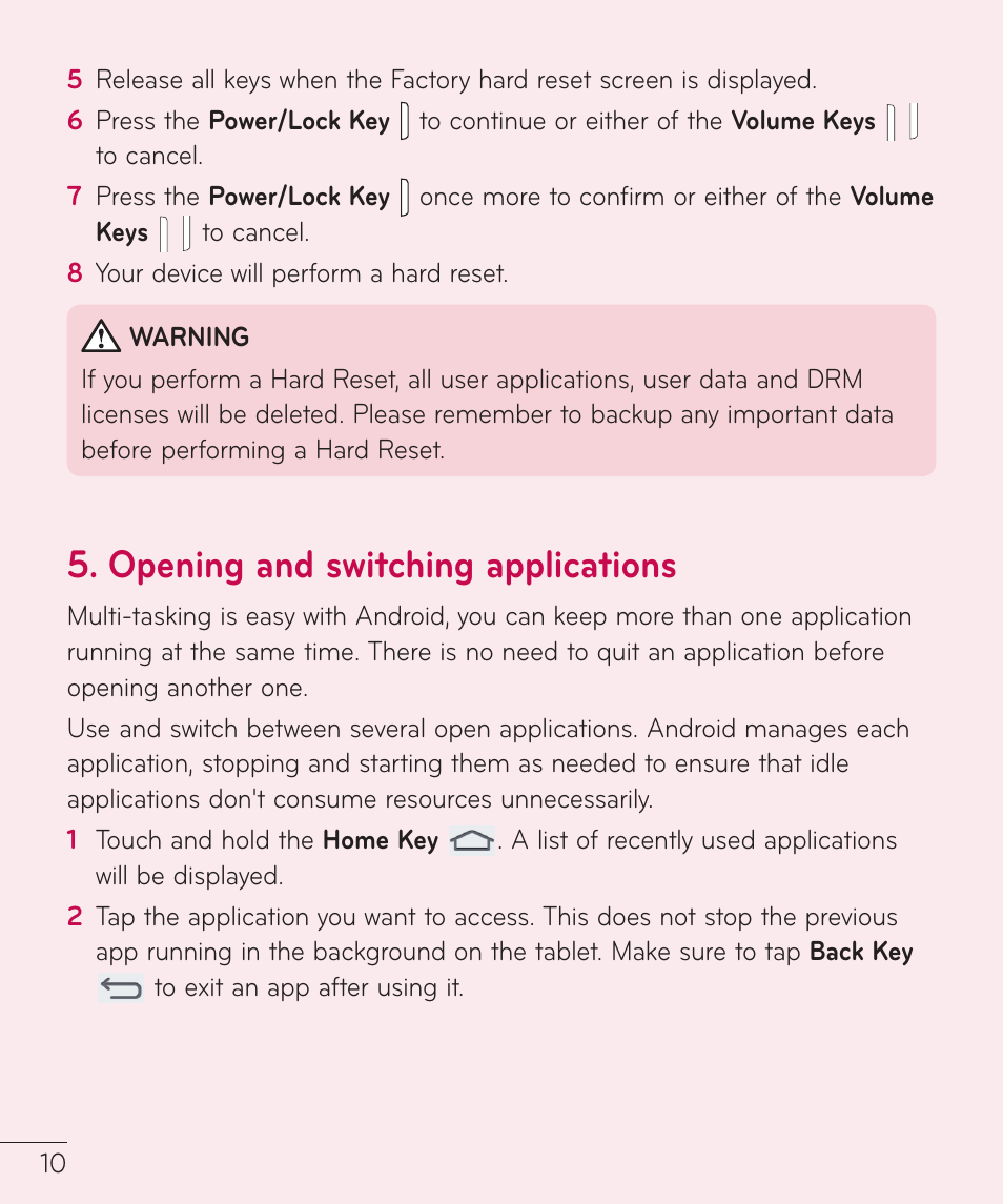 Opening and switching applications | LG LGV500 User Manual | Page 12 / 138