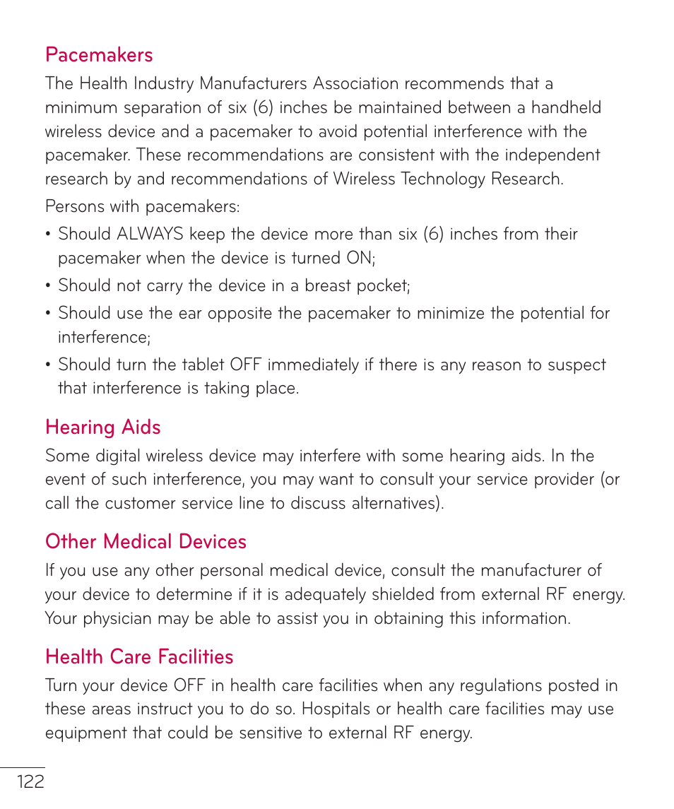 Pacemakers, Hearing aids, Other medical devices | Health care facilities | LG LGV500 User Manual | Page 124 / 138