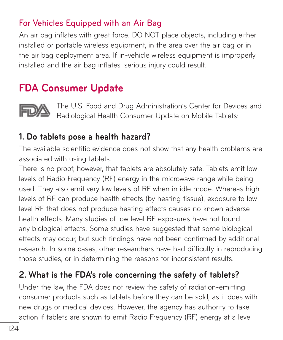 Fda consumer update | LG LGV500 User Manual | Page 126 / 138
