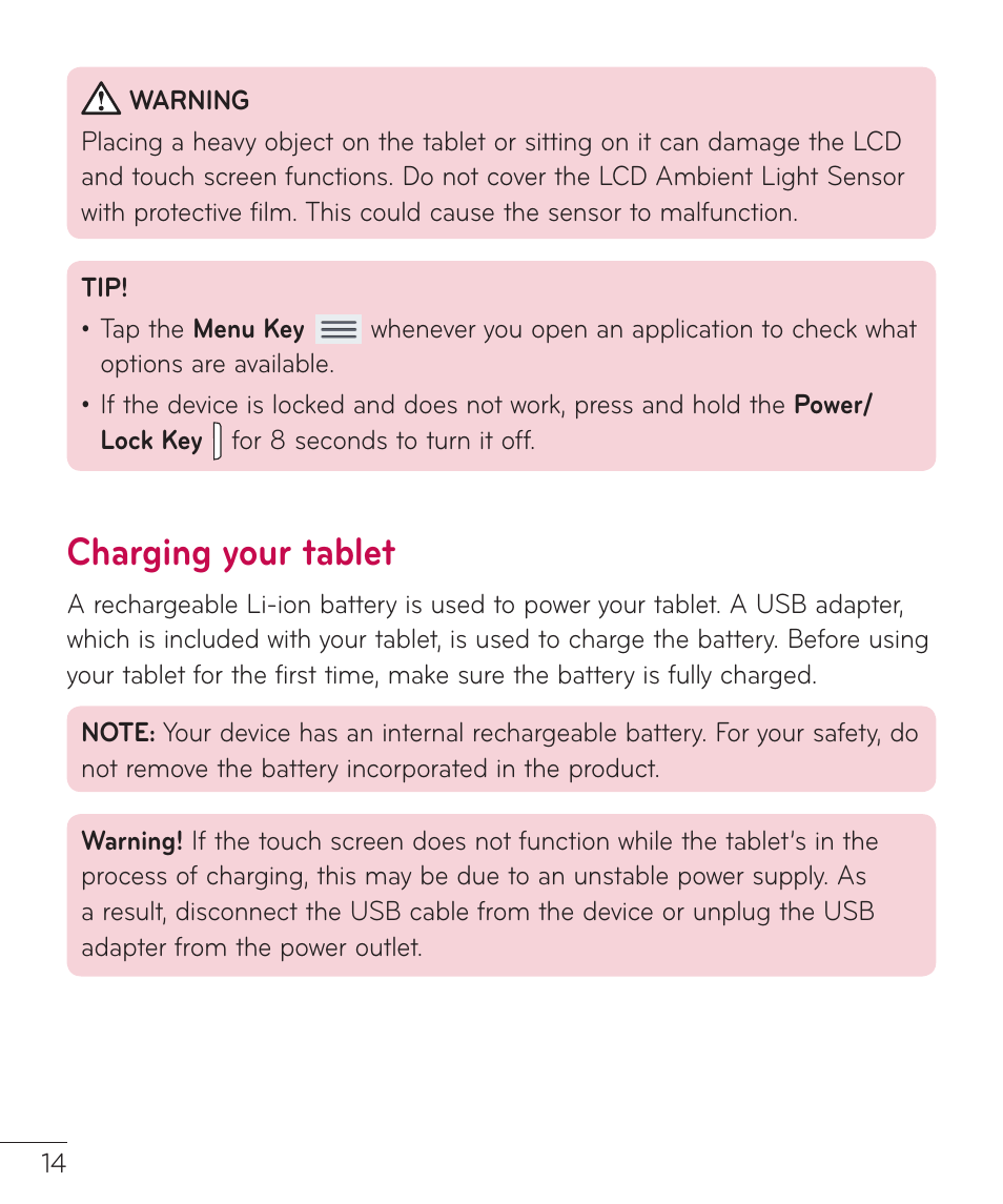 Charging your tablet | LG LGV500 User Manual | Page 16 / 138