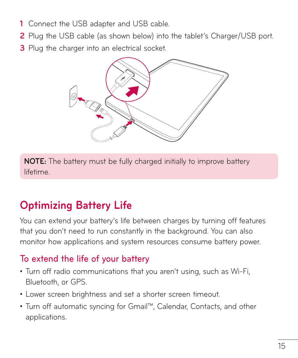 Optimizing battery life, To extend the life of your battery | LG LGV500 User Manual | Page 17 / 138