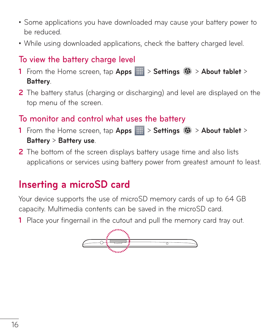 To view the battery charge level, To monitor and control what uses the battery, Inserting a microsd card | The battery inserting a microsd card | LG LGV500 User Manual | Page 18 / 138