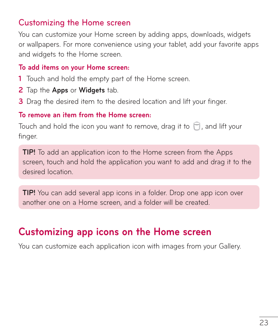 Customizing the home screen, Customizing app icons on the home screen, Home screen | LG LGV500 User Manual | Page 25 / 138