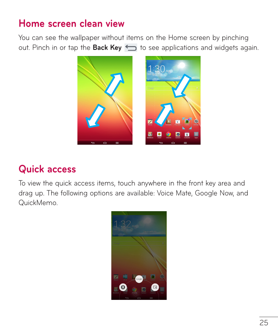 Home screen clean view, Quick access, Home screen clean view quick access | LG LGV500 User Manual | Page 27 / 138