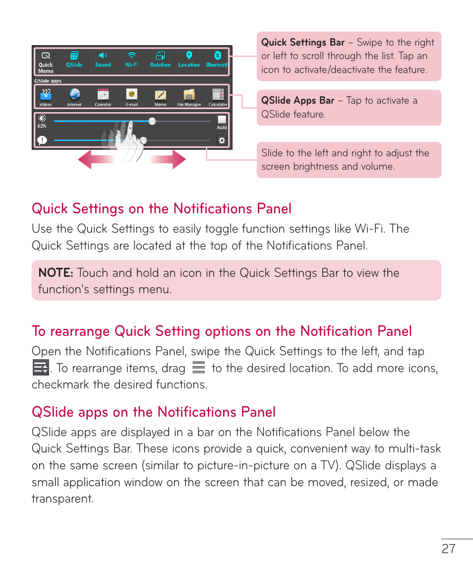Quick settings on the notifications panel, Qslide apps on the notifications panel, Quick settings on the notifications | Panel to rearrange quick setting, Panel | LG LGV500 User Manual | Page 29 / 138