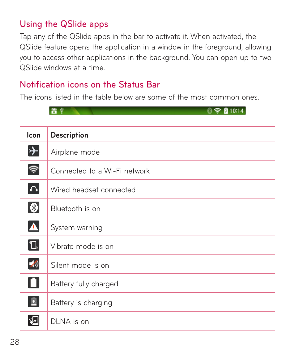 Using the qslide apps, Notification icons on the status bar | LG LGV500 User Manual | Page 30 / 138