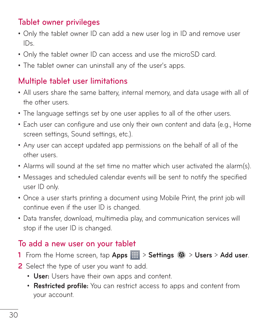 Tablet owner privileges, Multiple tablet user limitations | LG LGV500 User Manual | Page 32 / 138