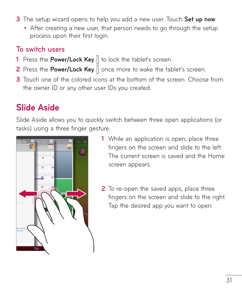 Slide aside | LG LGV500 User Manual | Page 33 / 138