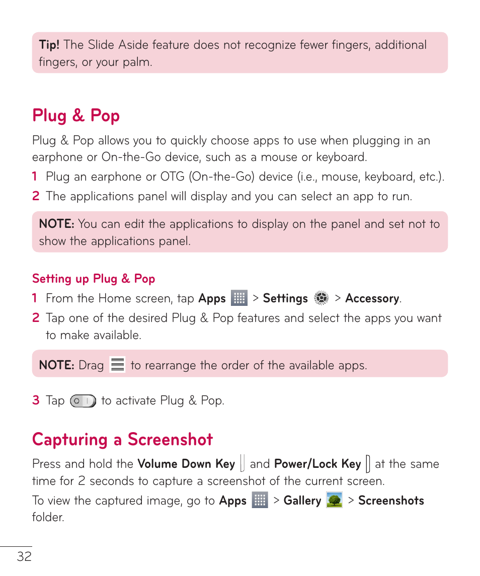 Plug & pop, Capturing a screenshot, Plug & pop capturing a screenshot | LG LGV500 User Manual | Page 34 / 138