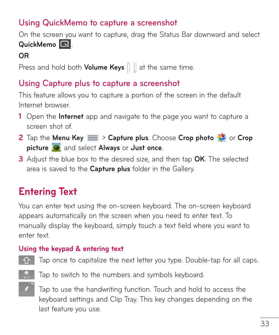 Using quickmemo to capture a screenshot, Using capture plus to capture a screenshot, Entering text | Using quickmemo to capture a, Screenshot using capture plus to capture a, Screenshot entering text | LG LGV500 User Manual | Page 35 / 138