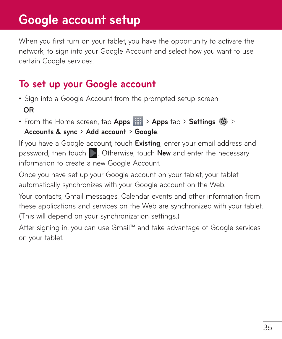 Google account setup | LG LGV500 User Manual | Page 37 / 138