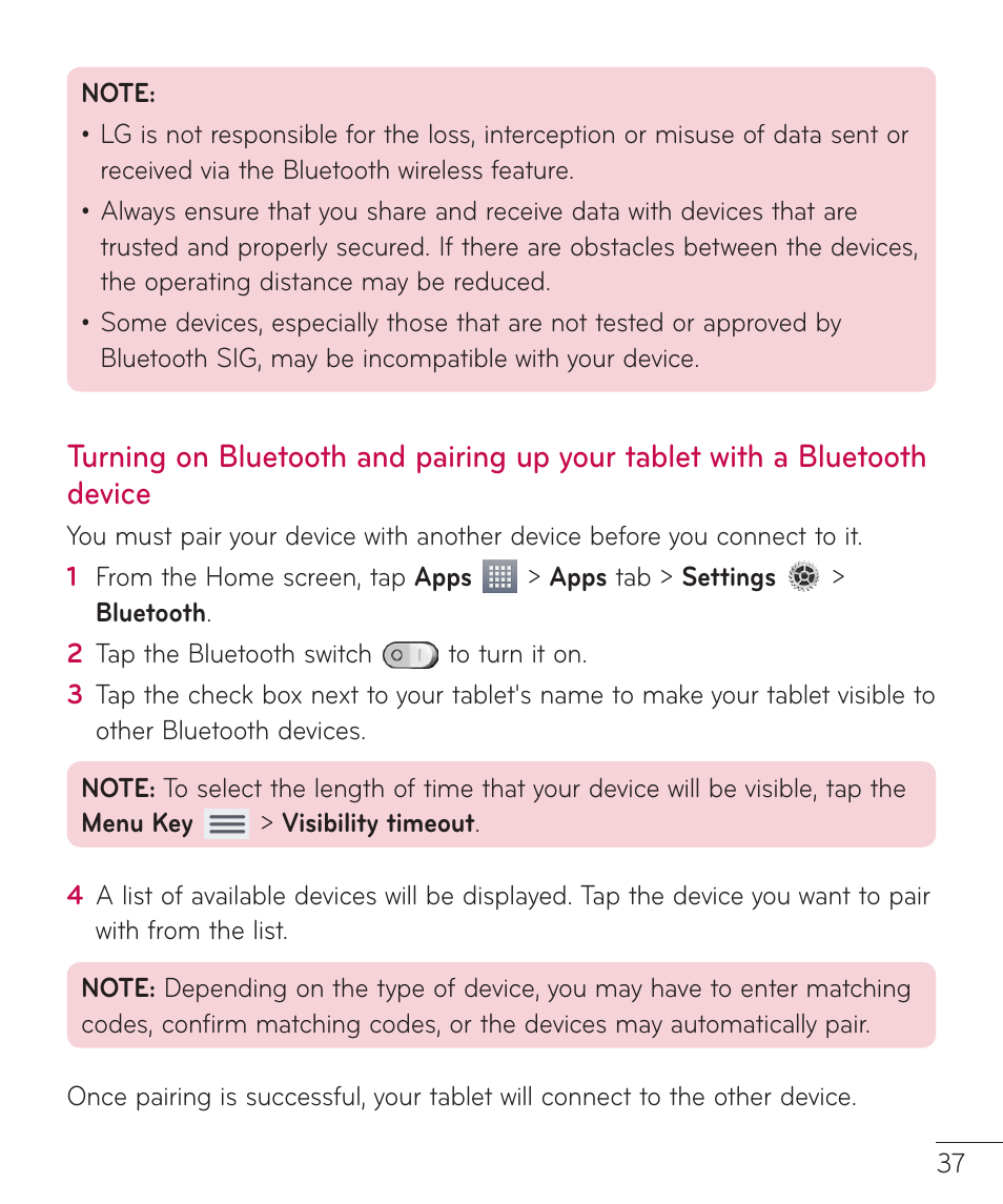 Turning on bluetooth and pairing up, Your tablet with a bluetooth device, Connecting to networks and devices | LG LGV500 User Manual | Page 39 / 138
