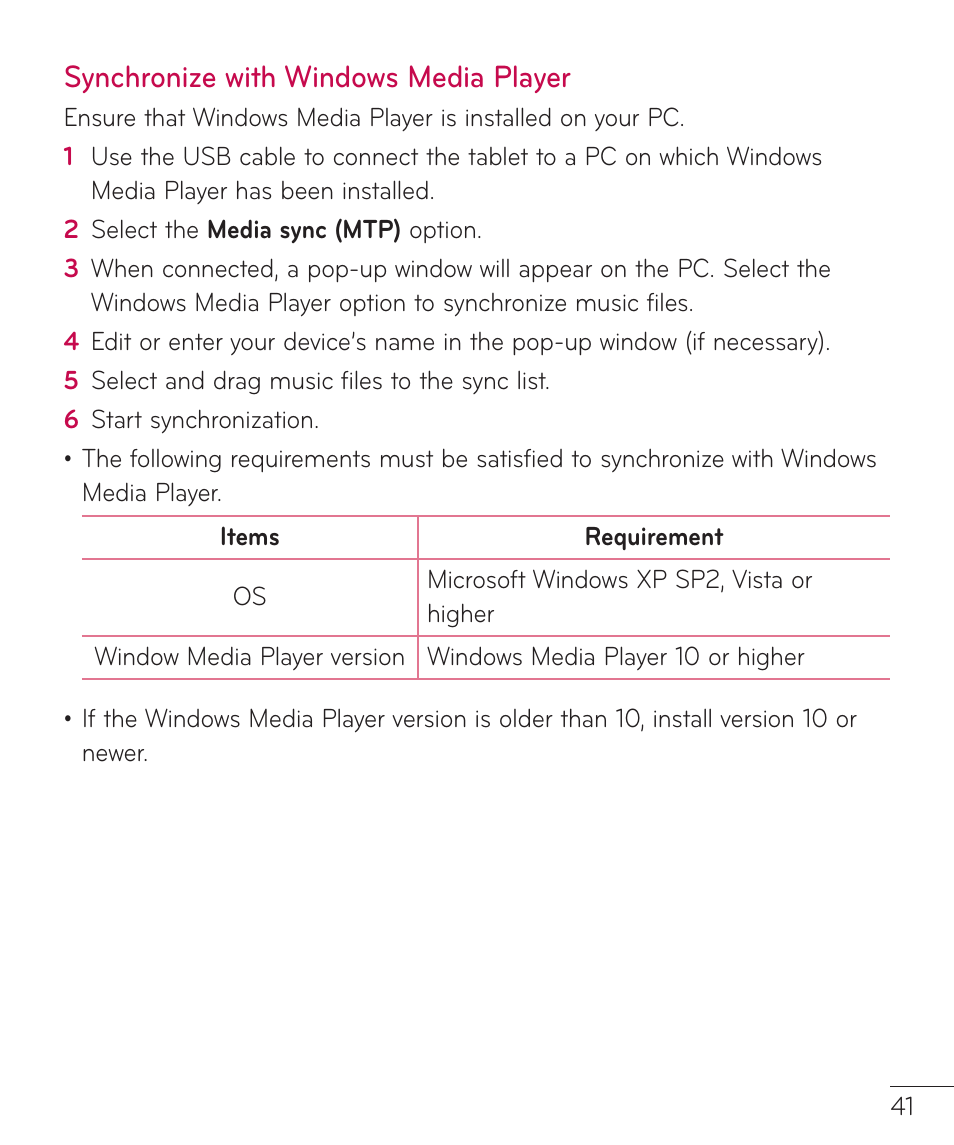 Synchronize with windows media player, Synchronize with windows media, Player | LG LGV500 User Manual | Page 43 / 138