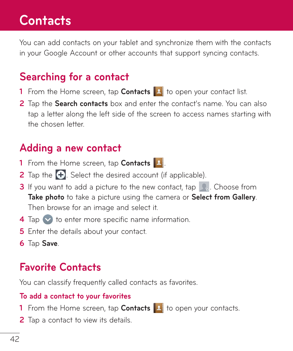 Contacts, Searching for a contact, Adding a new contact | Favorite contacts | LG LGV500 User Manual | Page 44 / 138