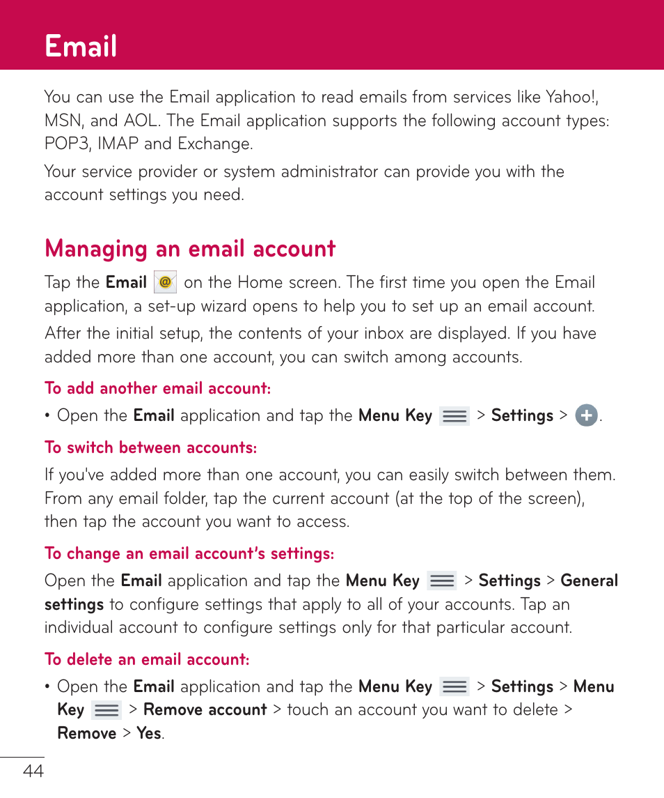 Email, Managing an email account | LG LGV500 User Manual | Page 46 / 138