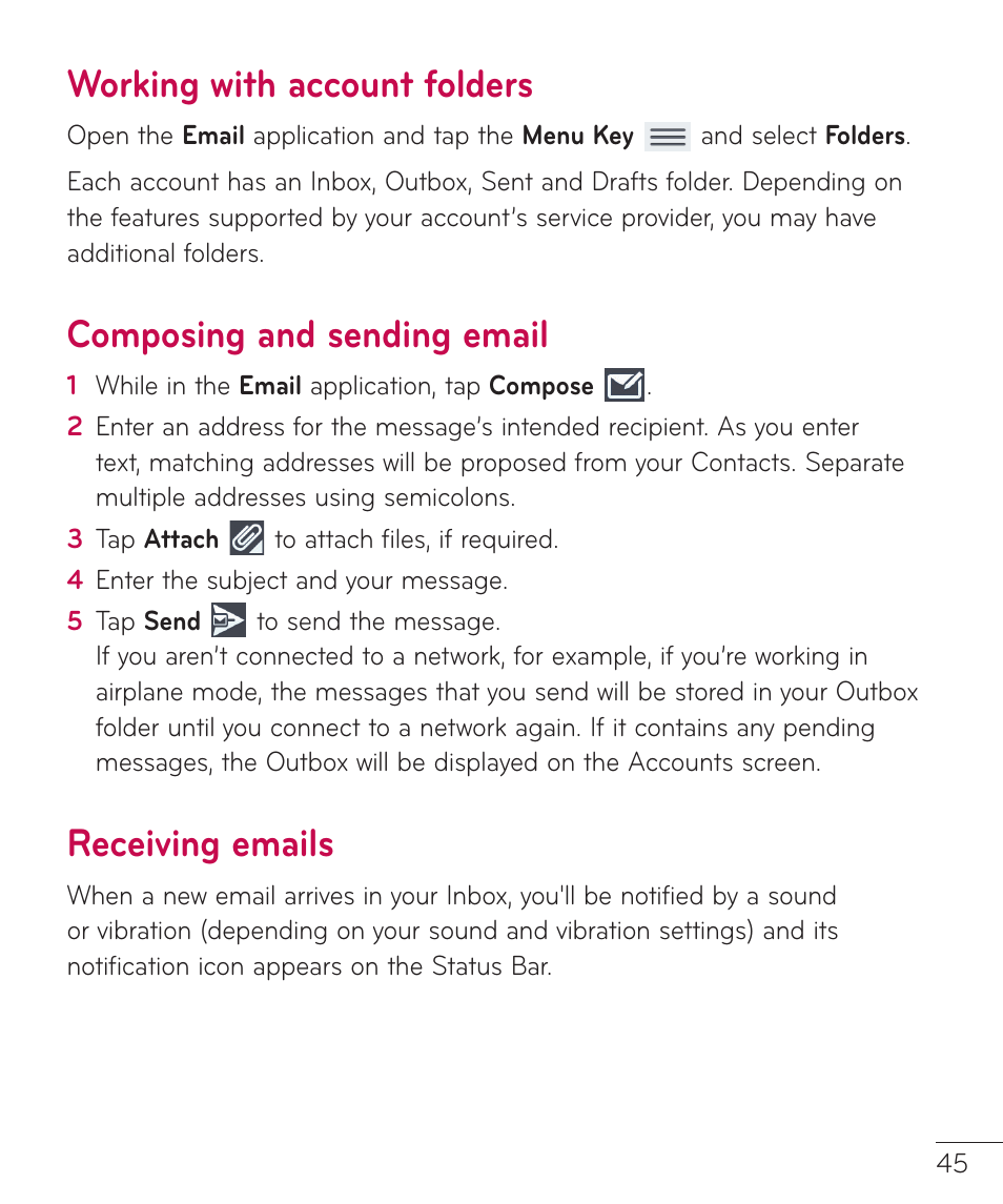 Working with account folders, Composing and sending email, Receiving emails | LG LGV500 User Manual | Page 47 / 138