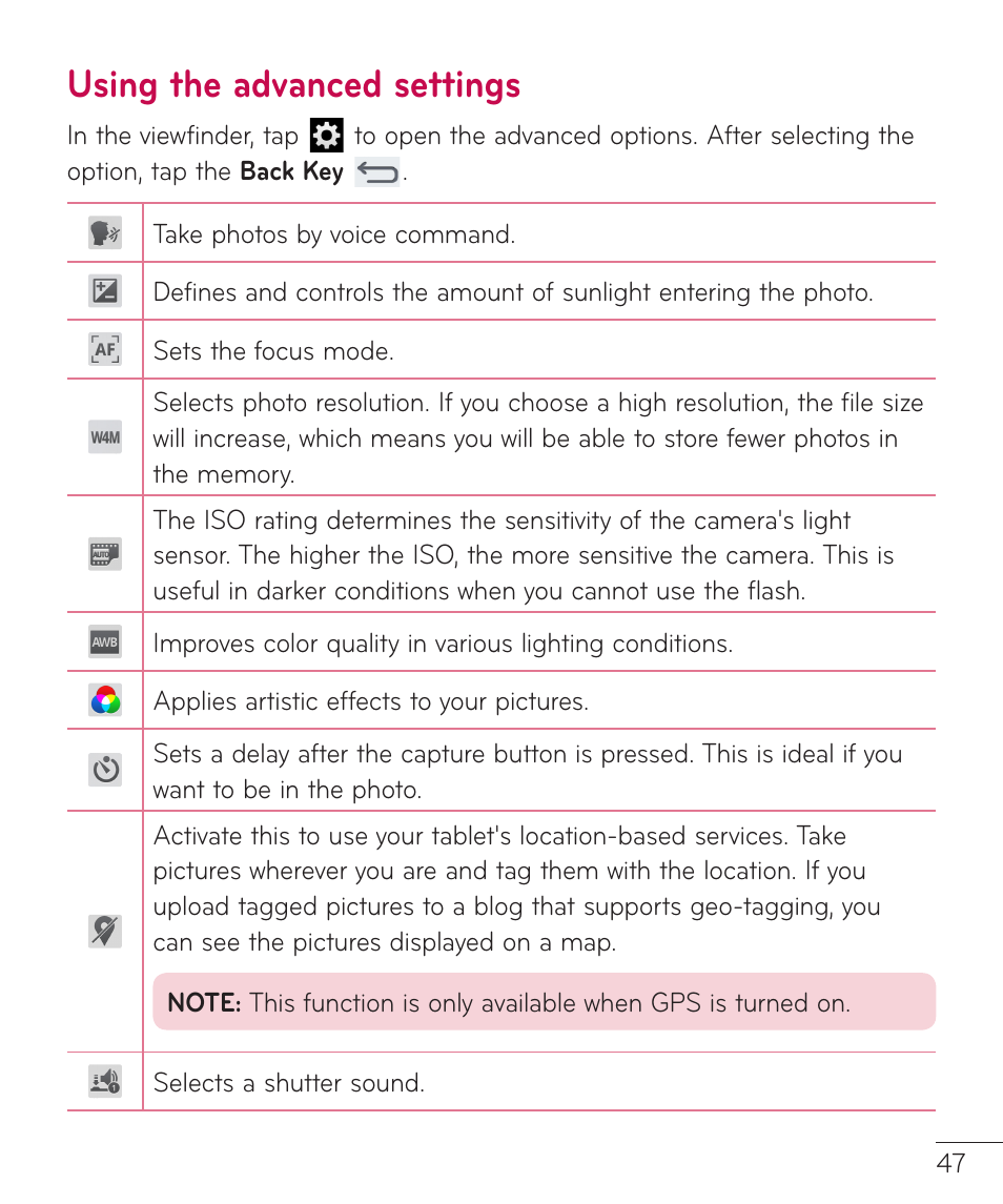 Using the advanced settings | LG LGV500 User Manual | Page 49 / 138