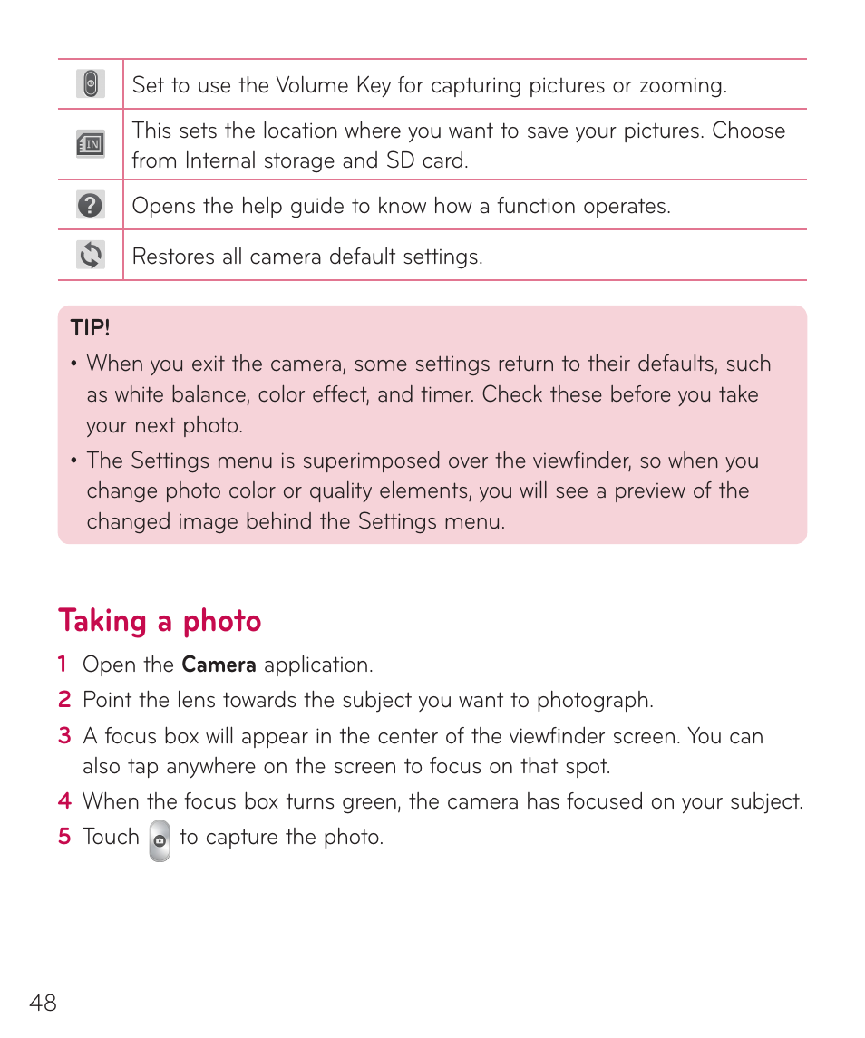 Taking a photo | LG LGV500 User Manual | Page 50 / 138