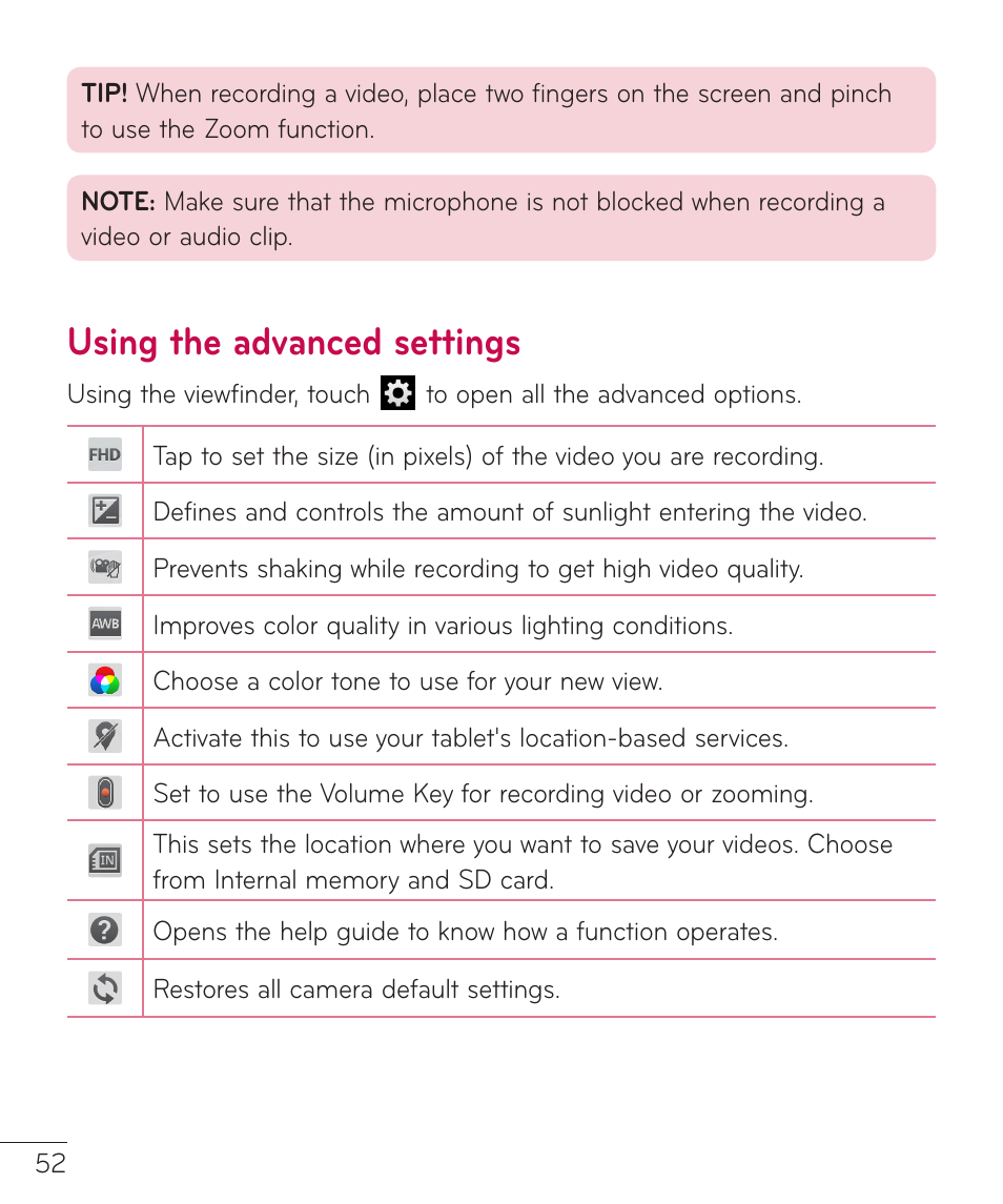 Using the advanced settings | LG LGV500 User Manual | Page 54 / 138