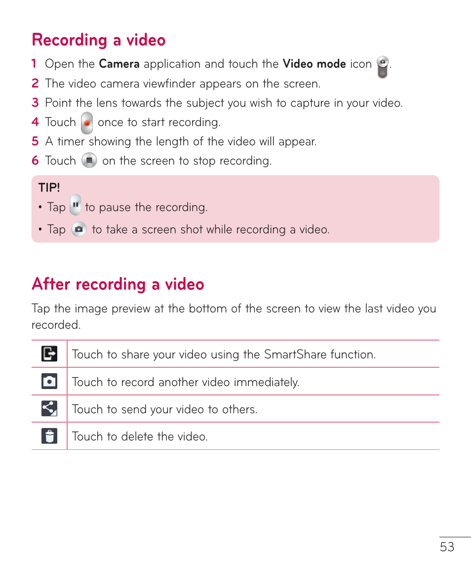 Recording a video, After recording a video, Recording a video after recording a video | LG LGV500 User Manual | Page 55 / 138