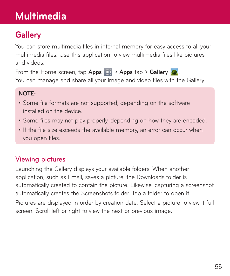 Multimedia, Gallery, Viewing pictures | Gallery viewing pictures | LG LGV500 User Manual | Page 57 / 138