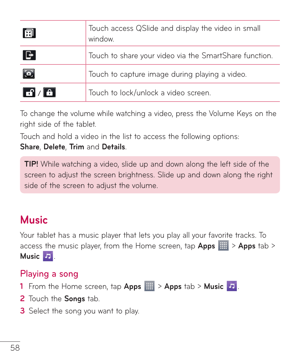 Music, Playing a song, Music playing a song | LG LGV500 User Manual | Page 60 / 138