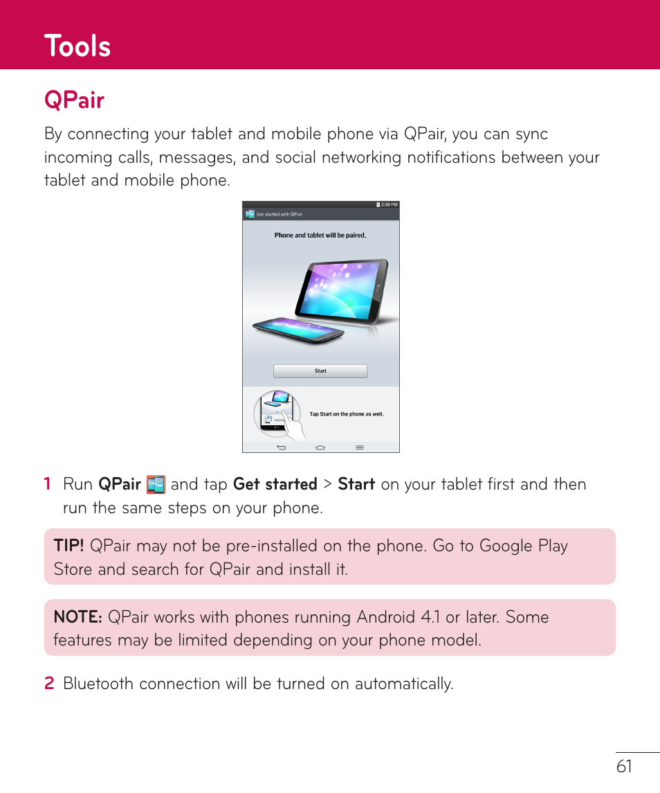 Tools, Qpair | LG LGV500 User Manual | Page 63 / 138