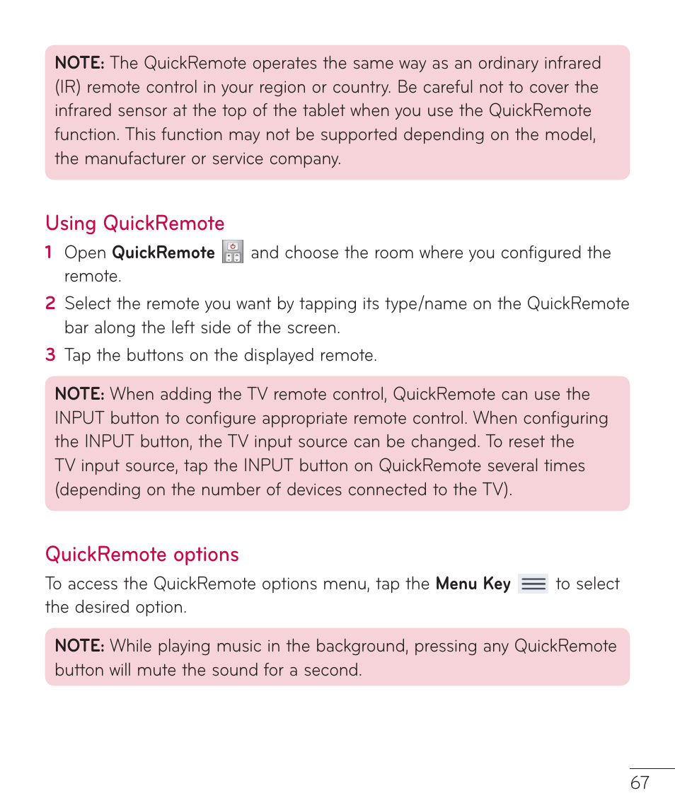 Using quickremote, Quickremote options | LG LGV500 User Manual | Page 69 / 138