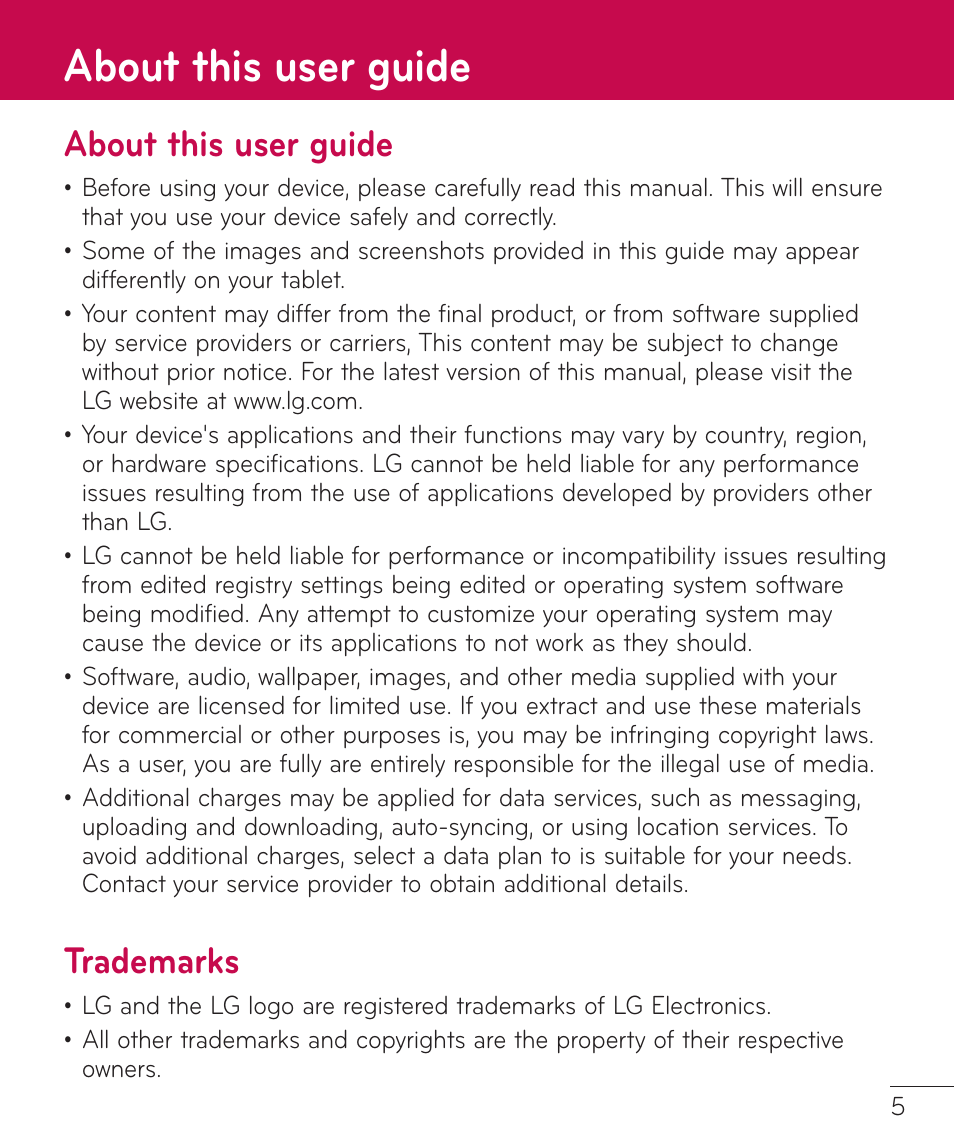 About this user guide, Trademarks, About this user guide trademarks | LG LGV500 User Manual | Page 7 / 138