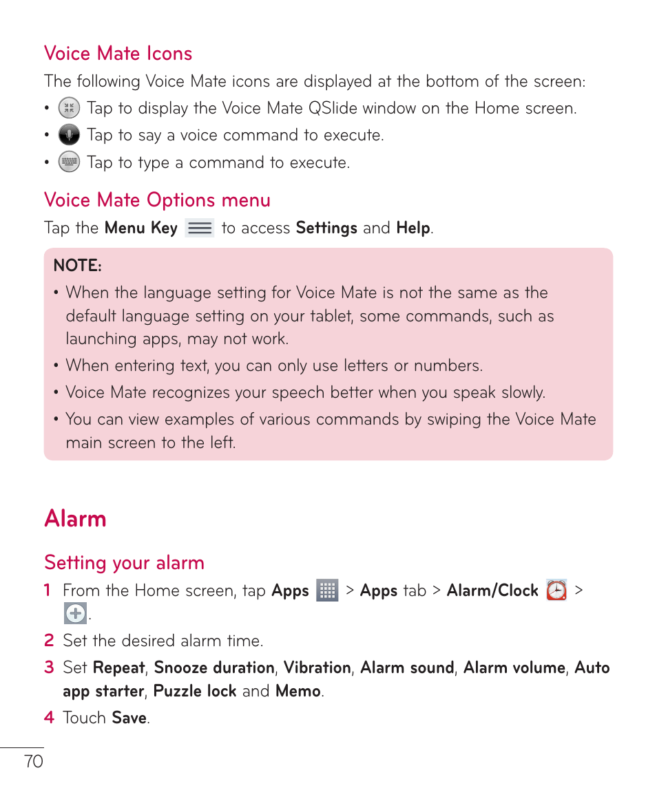 Alarm, Voice mate icons, Voice mate options menu | Setting your alarm | LG LGV500 User Manual | Page 72 / 138