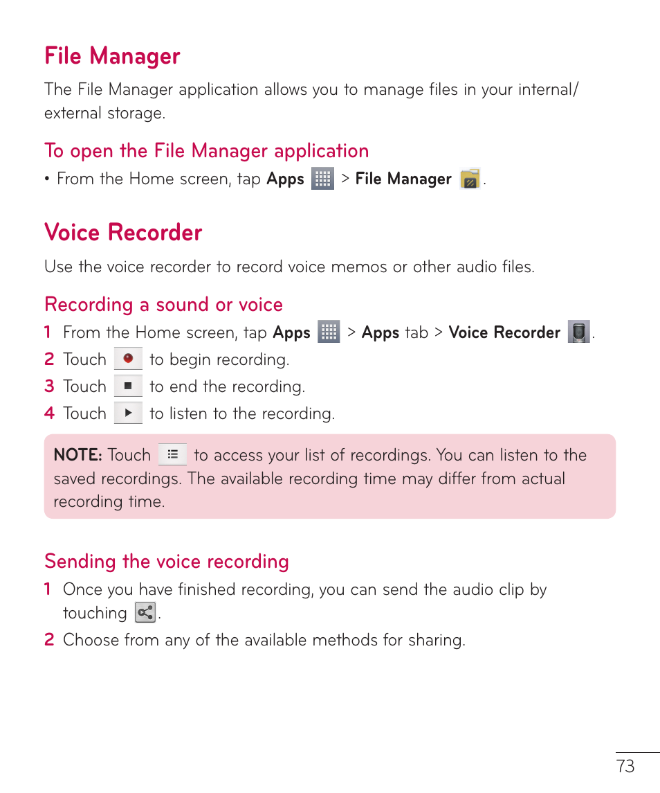 File manager, Voice recorder, File manager voice recorder | Recording a sound or voice, Sending the voice recording | LG LGV500 User Manual | Page 75 / 138